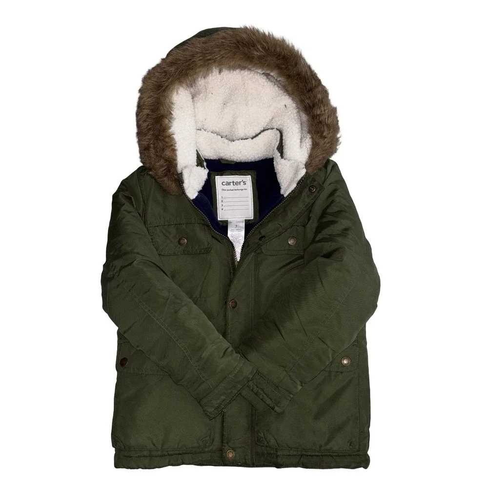 Carters Boys Size 7 Olive Green Puffer Jacket Faux Fur Hooded Winter Parka Coat